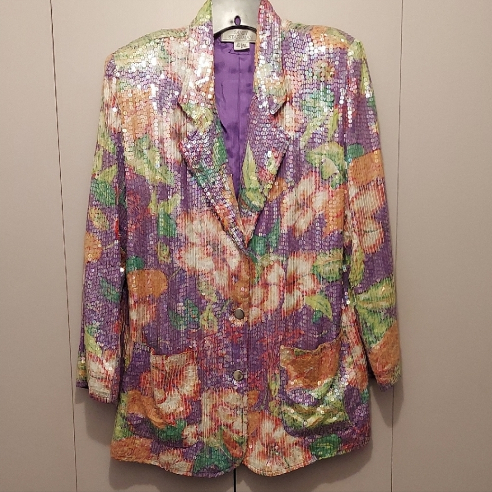Vintage Sandy Starkman Purple Floral Print and Clear Sequins Blazer Size Small